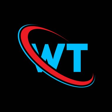 WT W T harf logosu tasarımı. İlk harf WT bağlı daire büyük harf monogram logosu kırmızı ve mavi. WT logosu, W T tasarımı. Ne, ne?