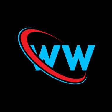 WW W harfli logo tasarımı. İlk harf WW bağlı daire büyük harfli monogram logo kırmızı ve mavi. WW logosu, W tasarımı. Vay, vay.
