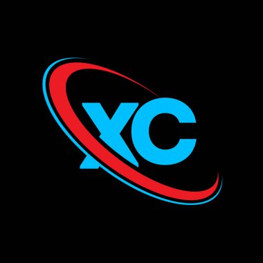 XC X C harfi logo tasarımı. İlk harf XC bağlı daire büyük harfli monogram logo kırmızı ve mavi. XC logosu, X C tasarımı. xc, x c