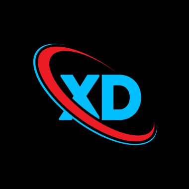 XD X D harf logosu tasarımı. İlk harf XD bağlı daire büyük harf monogram logosu kırmızı ve mavi. XD logosu, X-D tasarımı. xd, x d