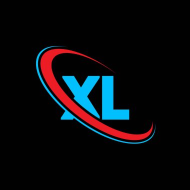 XL X L harf logosu tasarımı. İlk harf XL bağlı daire büyük harf monogram logosu kırmızı ve mavi. XL logosu, X L tasarımı. XI, X!