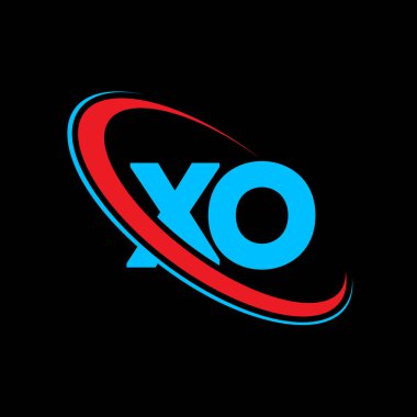 XO X harfi logo tasarımı. İlk harf XO bağlı daire büyük harf monogram logosu kırmızı ve mavi. XO logosu, X O tasarımı. Xo, x o
