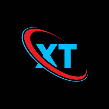 XT T harf logosu tasarımı. İlk harf XT bağlı daire büyük harf monogram logosu kırmızı ve mavi. XT logosu, X T tasarımı. xt, x t