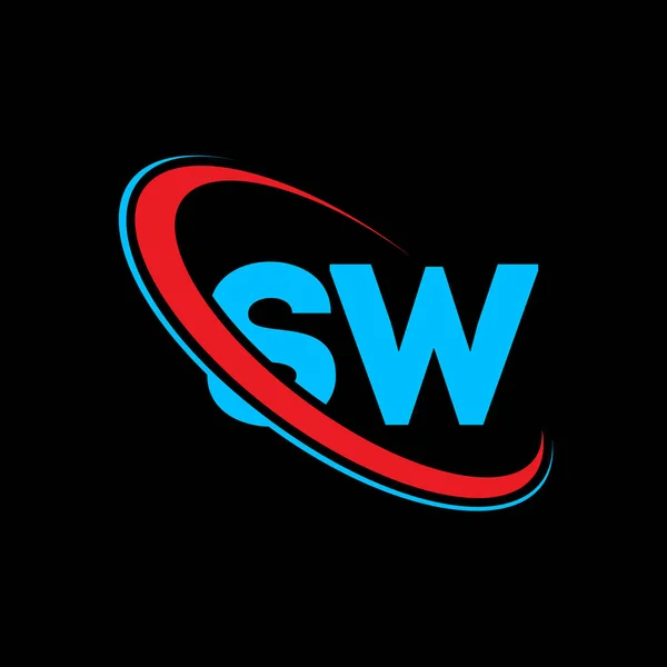 W文字ロゴデザイン 初期文字Swリンクサークル大文字のモノグラムロゴ赤と青 Wロゴ Wデザイン — ストックベクタ