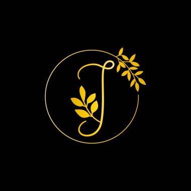 J Gold harfi ve Altın Yaprak logosu tasarımı. Altın harfli ilk lüks butik çiçek butiği. J Monogram vektör tasarımı konsepti ve moda markası ve lüks iş kimliği için yaprak ile.