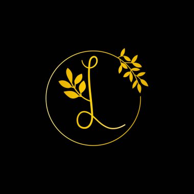 L Gold harfi ve Altın Yaprak logosu tasarımı. L harfi altın kaplama butik çiçek butiği. L Monogram vektör tasarım konsepti ve moda markası ve lüks iş kimliği için yaprak ile.