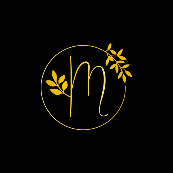 M Gold letter and Gold Leaf logo design. M Letter golden initial luxury Boutique Nature Floral Flower. M Monogram vector design concept and with leaf for fashion brand and luxuries business identity.