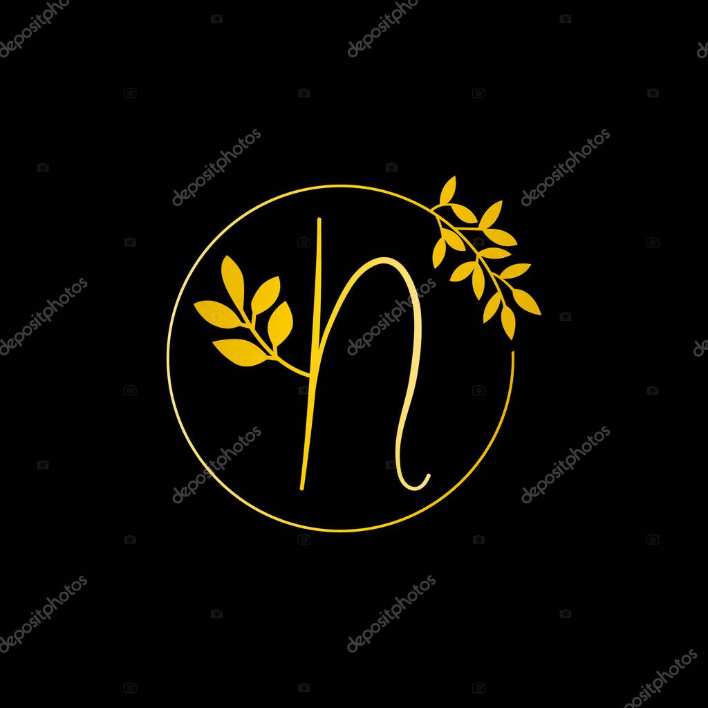 N Gold Letter And Gold Leaf Logo Design N Letter Golden Initial Luxury Boutique Nature Floral Flower N Monogram Vector Design Concept And With Leaf For Fashion Brand And Luxuries Business Identity