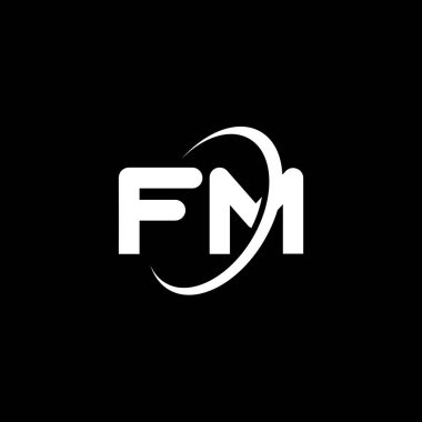 FM F M harfi logo tasarımı. İlk harf FM bağlı daire büyük harf monogram logo beyaz renk. FM logosu, F M tasarımı. FM, F