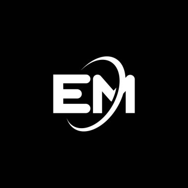 Elektromanyetik harf logosu tasarımı. İlk harf EM bağlı daire büyük harf monogram logo beyaz renk. EM logosu, E M tasarımı. Şey, ben...