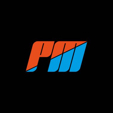 Başbakan simgesi tasarımı turuncu ve mavi renk. Siyah arka planda PM harfli logo tasarımı. Başbakanın baş harfleri logo konsepti. Öğleden sonra simgesi. P M logosu.