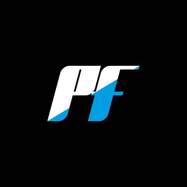 Siyah arka planda PF harf logosu tasarımı. PF yaratıcı harflerin baş harfleri logo kavramı. PF simge tasarımı. Siyah arkaplanda PF beyaz ve mavi harf simgesi tasarımı. P F