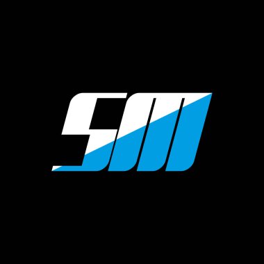 Siyah arkaplanda SM harf logosu tasarımı. SM yaratıcı harflerin baş harfleri logo kavramı. SM simge tasarımı. Siyah arkaplanda SM beyaz ve mavi harf simgesi tasarımı. S M