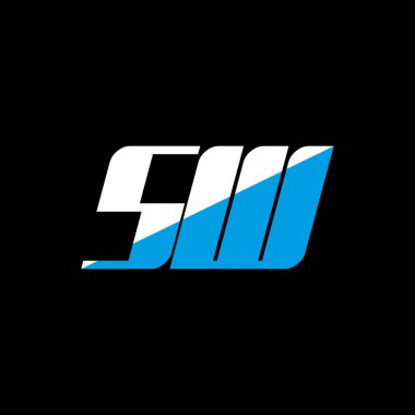 Siyah arka planda SW harfli logo tasarımı. Yaratıcı harflerin baş harfleri logo konsepti. SW simge tasarımı. Siyah arkaplanda SW beyaz ve mavi harf simgesi tasarımı. S W