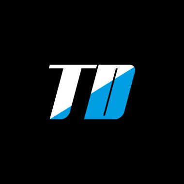 Siyah arka planda TD harf logosu tasarımı. TD yaratıcı harflerin baş harfleri logo kavramı. TD simge tasarımı. Siyah arkaplanda TD beyaz ve mavi harf simgesi tasarımı. T D