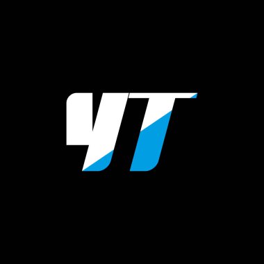 Siyah arka planda YT harf logosu tasarımı. YT yaratıcı harf logosu konsepti. YT simge tasarımı. Siyah arkaplanda YT beyaz ve mavi harf simgesi tasarımı. Y T