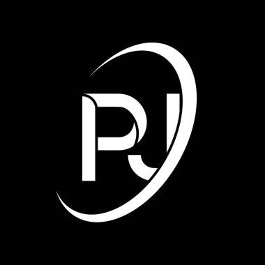 PJ logosu. P-J tasarımı. Beyaz pijamalı mektup. PJ / P J harfi logo tasarımı. İlk harf PJ bağlı daire büyük harf monogram logosu.