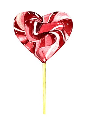 Suluboya çizimi. El boyası. Beyaz arka planda pembe ve kırmızı kalp şeklinde bir lolipop.