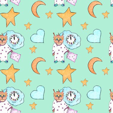 Suluboya kalemler ve kalemlerle çizilmiş kusursuz desen. Çizgi film karakteri baykuş, ay, yıldızlar ve saat. El çizimi. Suluboya çizimi. El boyası. Clipart. yuvarlak yeşil şarap, açacağı, mor üzümler. Beyaz arkaplan.