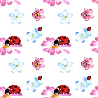 Suluboya çizimi. El çizimi. Pembe ve mavi çiçeklerin ve uğur böceklerinin kusursuz deseni