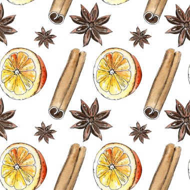 Suluboya çizimi. El çizimi. Tarçın çubuğunun, çiçeğin ve portakal yarısının kusursuz deseni..