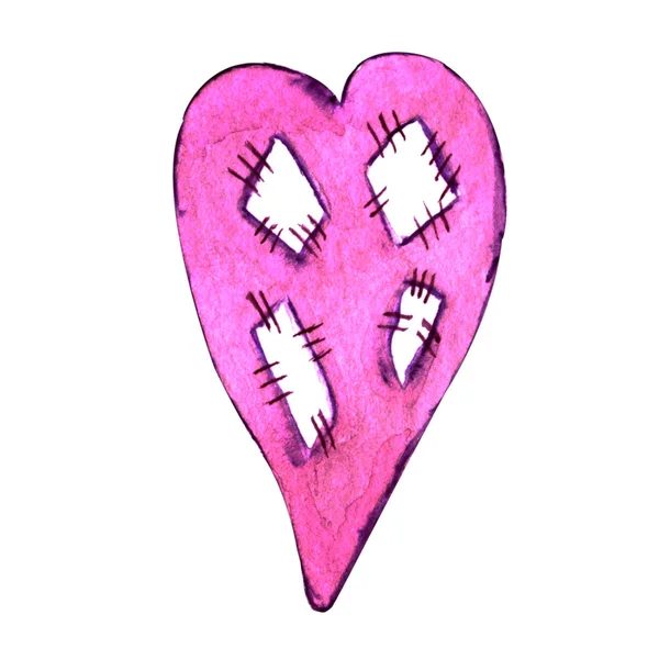 Акварель Ручной Рисунок Одно Розовое Сердце Пластырях Белом Фоне — стоковое фото