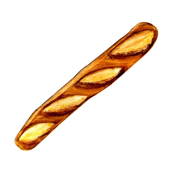 Aquarell Illustration Handzeichnung Ein Französisches Brot Auf Weißem Hintergrund — Stockfoto