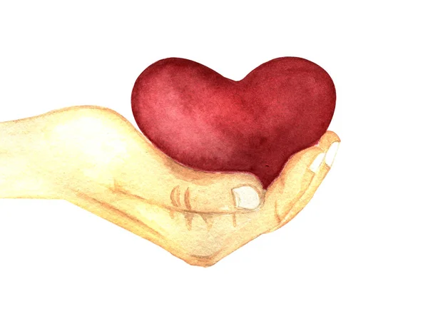 Akvarel Ilustrace Ruční Malování Jedno Růžové Srdce Ruce Bílém Pozadí — Stock fotografie