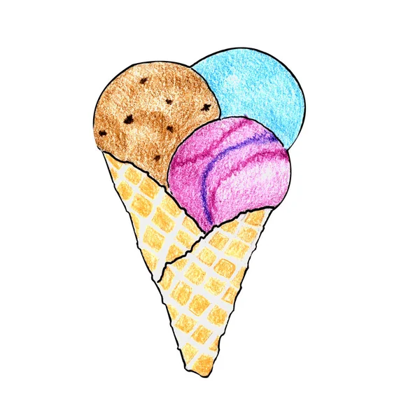 watercolor illustration. hand drawing. one waffle cone with three balls of ice cream on a white background