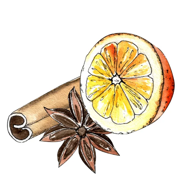 Ilustración Acuarela Dibujo Mano Clipart Media Naranja Palitos Canela Flor — Foto de Stock