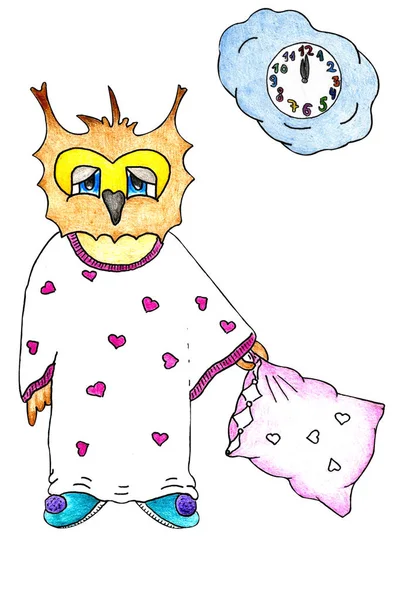 Cartoon Character Owl Pajamas Pillow Painted Liner Watercolor Pencils Hand — 스톡 사진