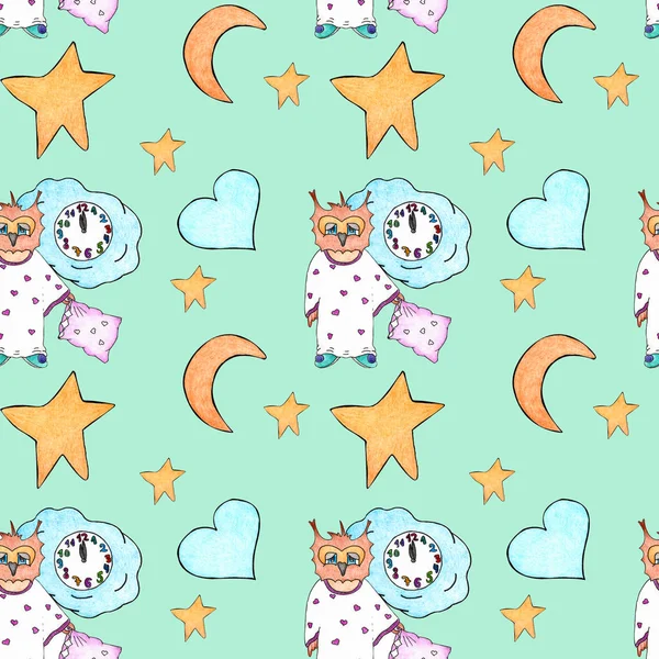 Suluboya kalemler ve kalemlerle çizilmiş kusursuz desen. Çizgi film karakteri baykuş, ay, yıldızlar ve saat. El çizimi. Suluboya çizimi. El boyası. Clipart. yuvarlak yeşil şarap, açacağı, mor üzümler. Beyaz arkaplan.