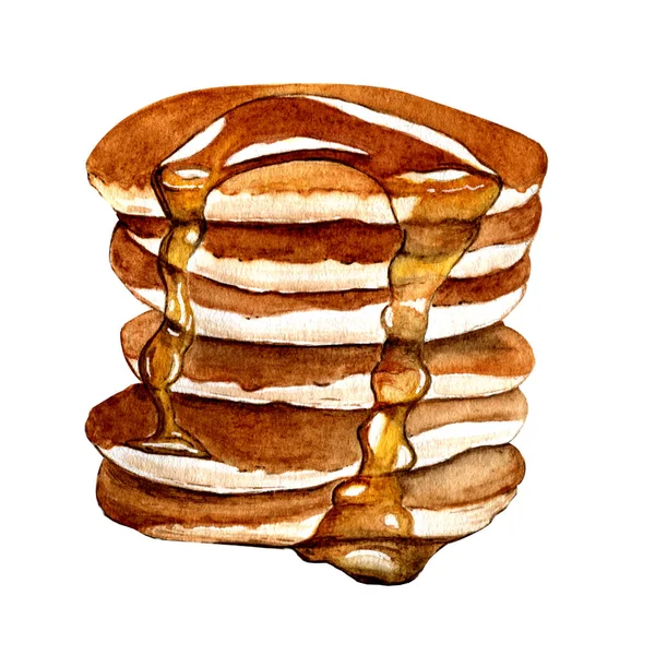 Suluboya çizimi. Kahvaltı için şuruplu bir yığın krep. beyaz arkaplan.