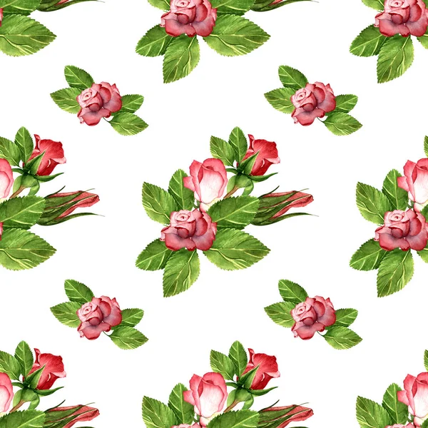 Akvarel Ilustrace Ruční Kresba Bezešvé Vzor Růžové Růže Pupeny Listy — Stock fotografie