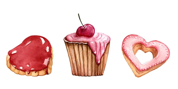 watercolor illustration. hand drawing.set of cookies in the shape of hearts and cupcake with frosting.