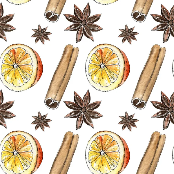 Suluboya çizimi. El çizimi. Tarçın çubuğunun, çiçeğin ve portakal yarısının kusursuz deseni..