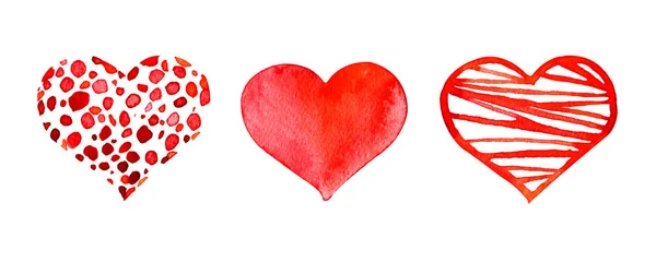 Akvarell Illustration Handritning Uppsättning Tre Röda Hjärtan För Alla Hjärtans — Stockfoto