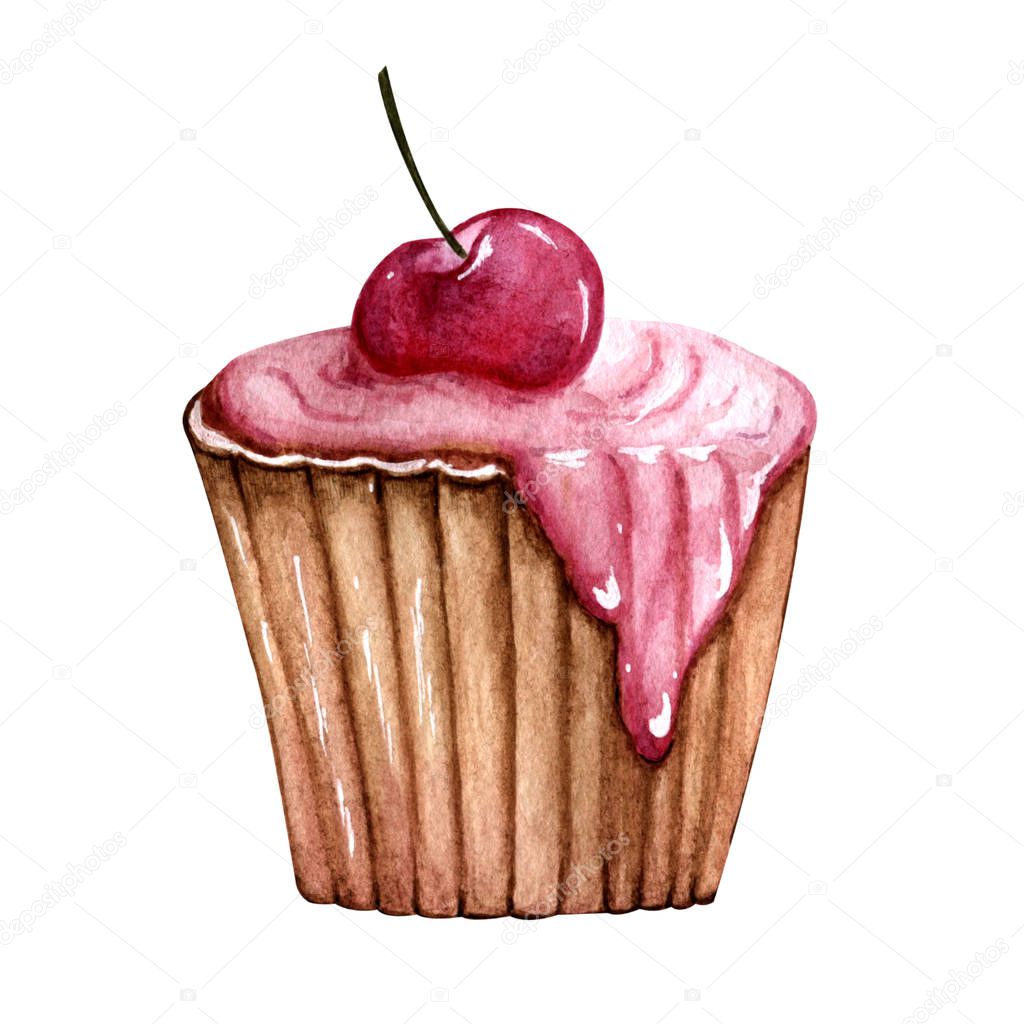 watercolor illustration. hand drawing. sketch. cupcake with icing and cherry on a white background.