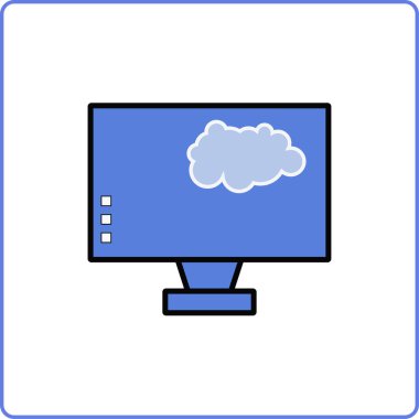  Bilgisayar vektör simgesi. mavi arkaplanı olan bir ekran. Bulut simgesi olan monitör. Beyaz arka planda tek bir nesne var. Logo, sembol. düz resimleme.