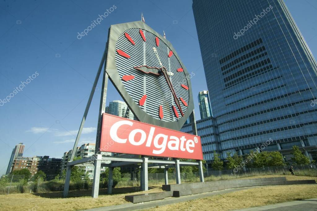 Jersey City, NJ / USA - 6/28/20: The Colgate Clock is an octagonal clock facing the Hudson River near Exchange Place in Jersey City, New Jersey