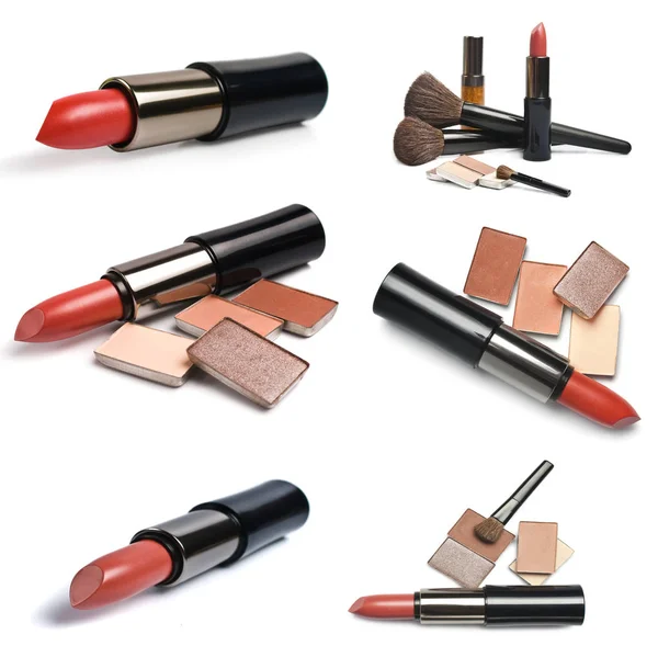 Collection Outils Pour Maquillage Rouge Lèvres Ombres Pinceaux Sur Fond — Photo