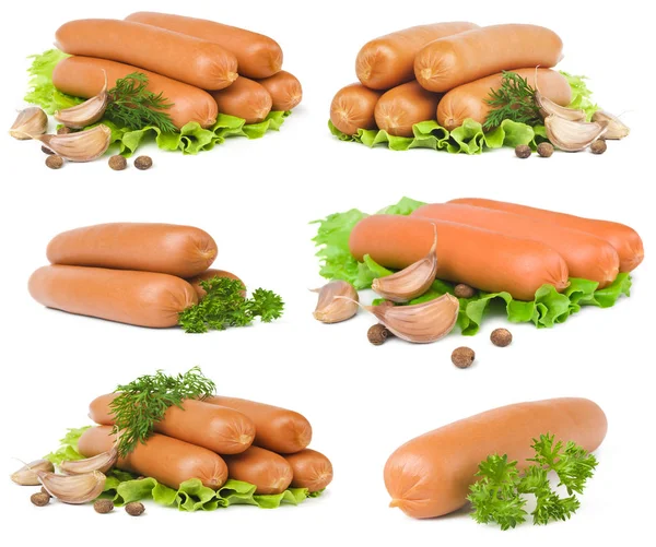 Large Selection Sausages Spices Close White Background — Stock Photo, Image