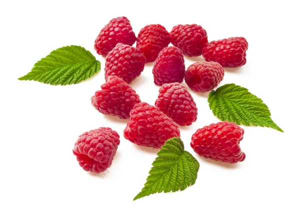 Ripe Red Raspberry Green Leaf Isolated White Background — Stock Photo, Image