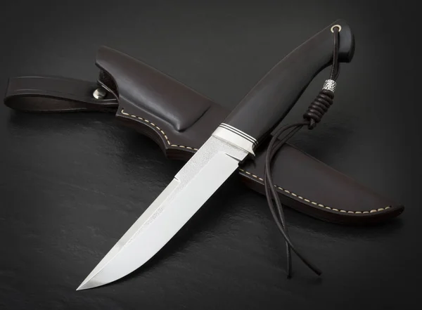 Hunting Knife Handmade Black Background Leather Sheath Handmade — Stock Photo, Image