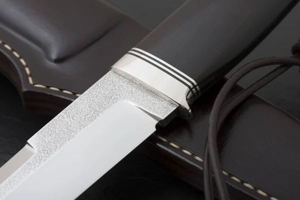 Hunting Knife Handmade Black Background Leather Sheath Handmade — Stock Photo, Image