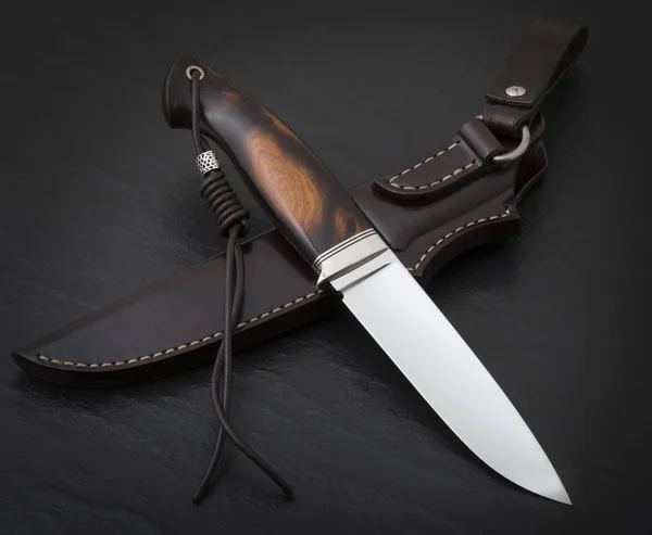 Hunting Knife Handmade Black Background Leather Sheath Handmade — Stock Photo, Image