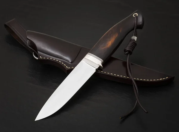 Hunting Knife Handmade Black Background Leather Sheath Handmade — Stock Photo, Image