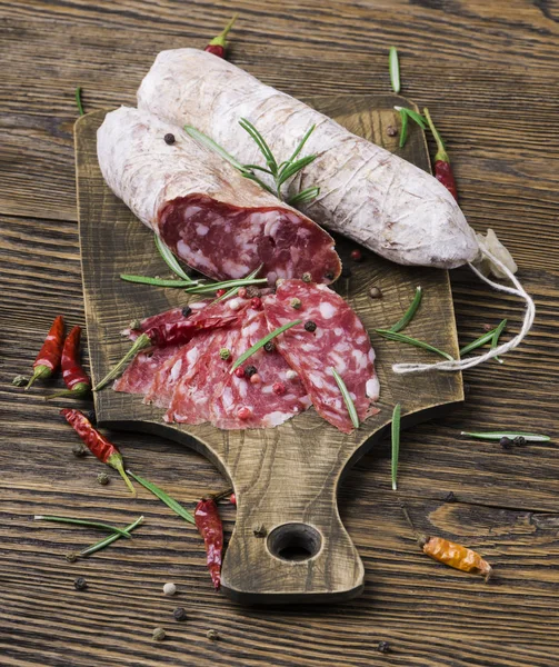 Italian Salami Pepper Rosemary Wooden Board — Stock Photo, Image