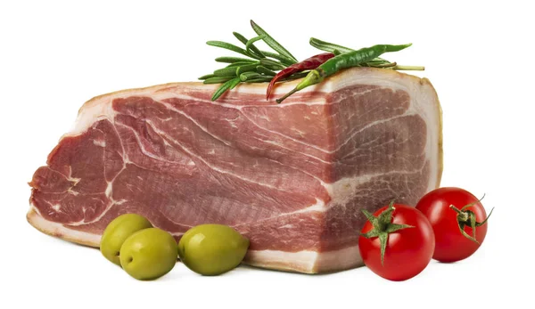 Legfinomabb Prosciutto Rozmaring Paradicsom Olajbogyó Fehér Háttér — Stock Fotó