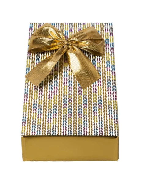 Gift Box Golden Ribbon Bow White Background — Stock Photo, Image